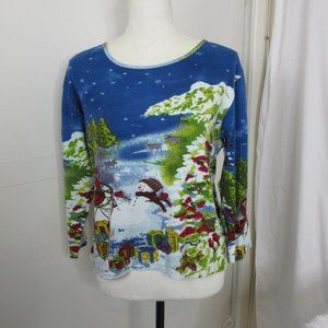 Jane Ashley Christmas Holiday Sweater Blouse Snowman Sled Beaded Size Large